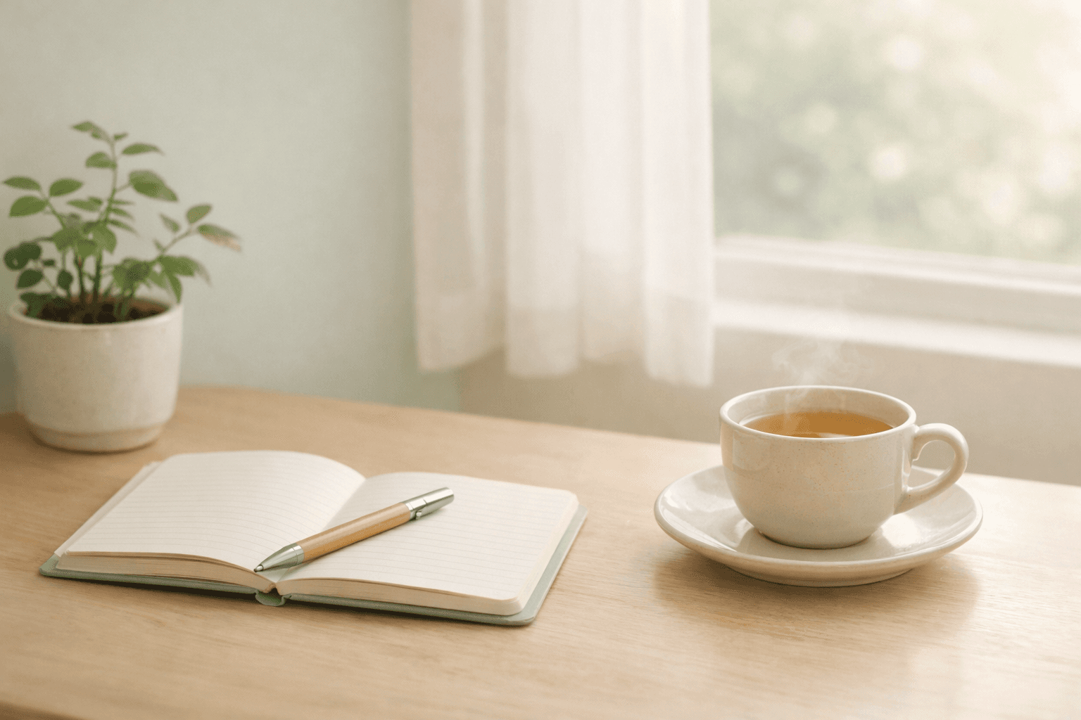 Doğal ışık alan bir pencere kenarında, temiz bir masa üzerinde defter, kalem, çay fincanı ve küçük bir bitki bulunan sakin ve minimalist sabah sahnesi; sürdürülebilir alışkanlıklar ve sağlıklı yaşamı simgeleyen huzurlu bir başlangıç.