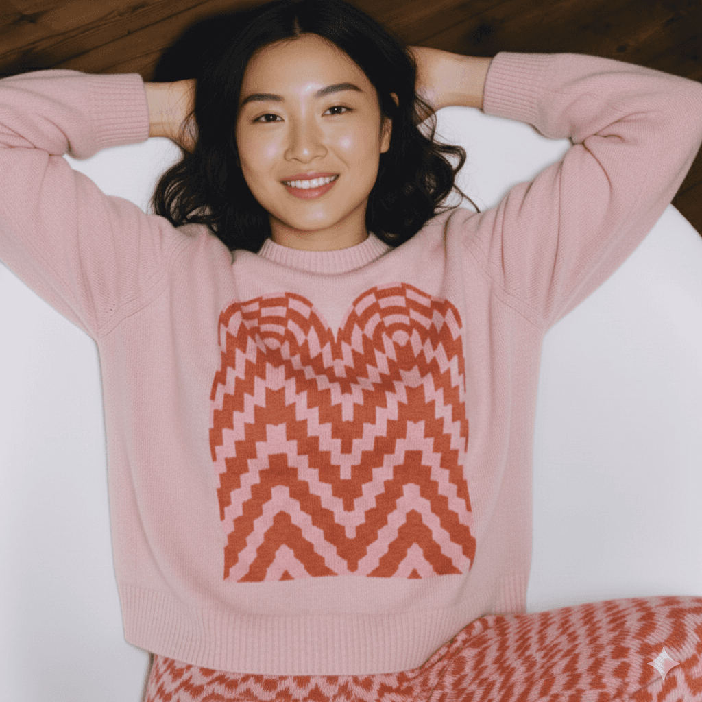 Girl wearing a sweater with her hands in the air