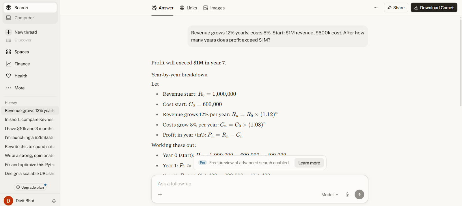 Perplexity AI output for solving a multi-step financial problem