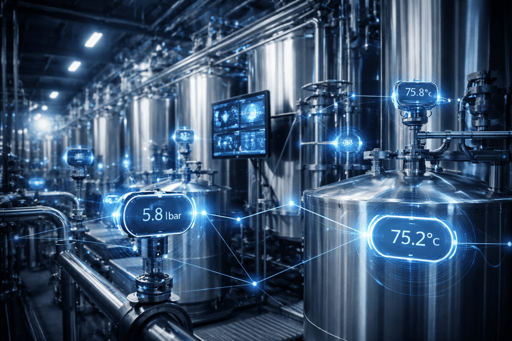 industrial facility with visible sensors and monitoring equipment, blue-toned lighting