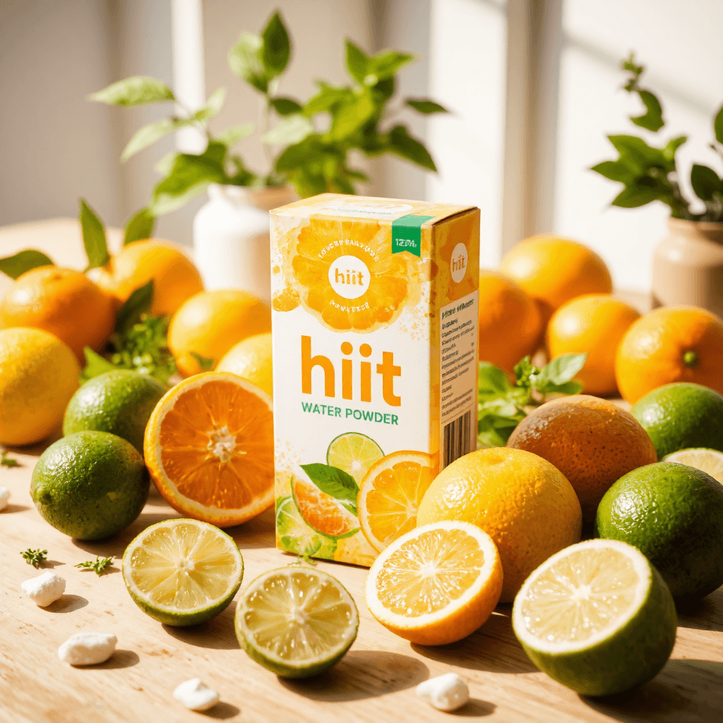 product photography of box of hiit water powder
