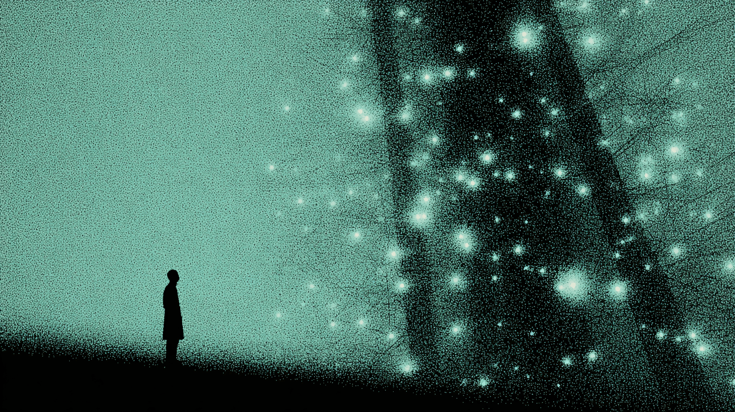 A technical, futuristic illustration of an AI voice agent's core. A central, glowing spherical node is surrounded by a complex network of interconnected data points and neural pathways in a teal and white palette. The grainy, stippled aesthetic represents the intricate architecture of voice models, processing, and safety protocol.