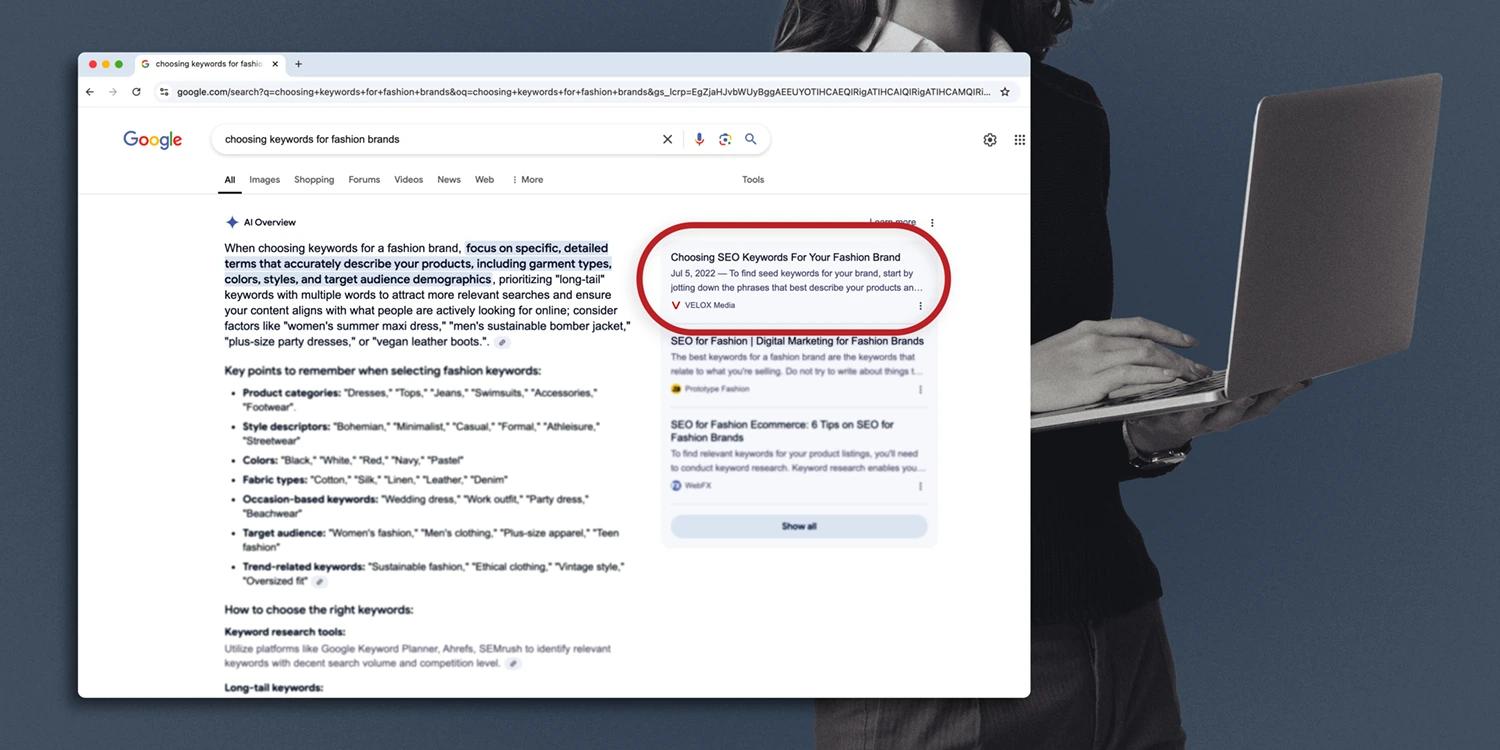 A Google search results page featuring an AI Overview and a result about VELOX circled in red.