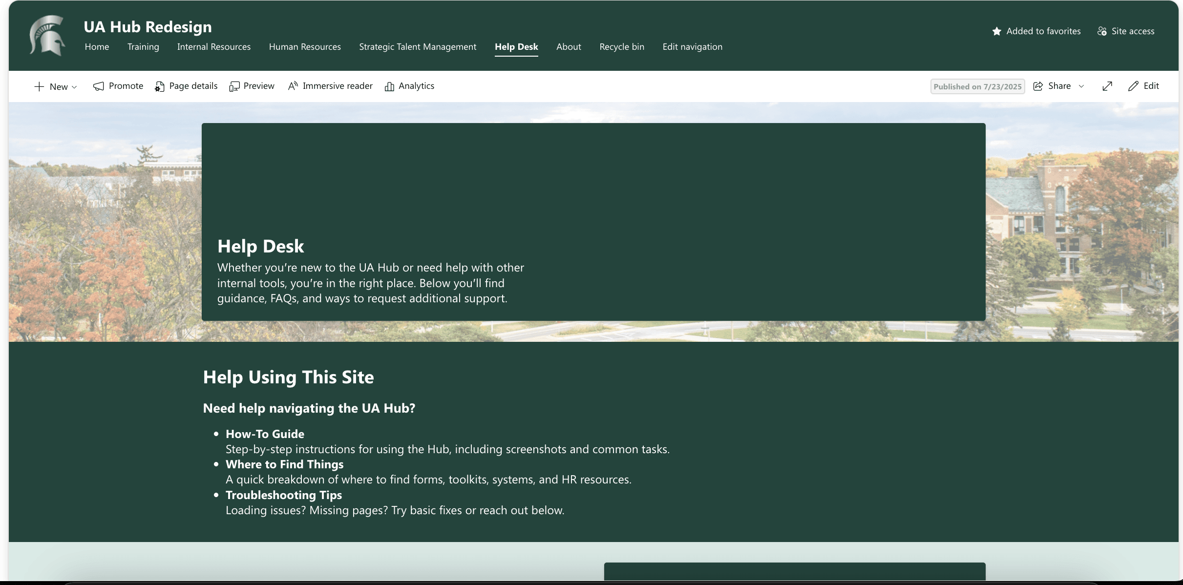 Redesigned Help Desk page with sections titled How-To Guide, Where to Find Things, and Troubleshooting Tips.