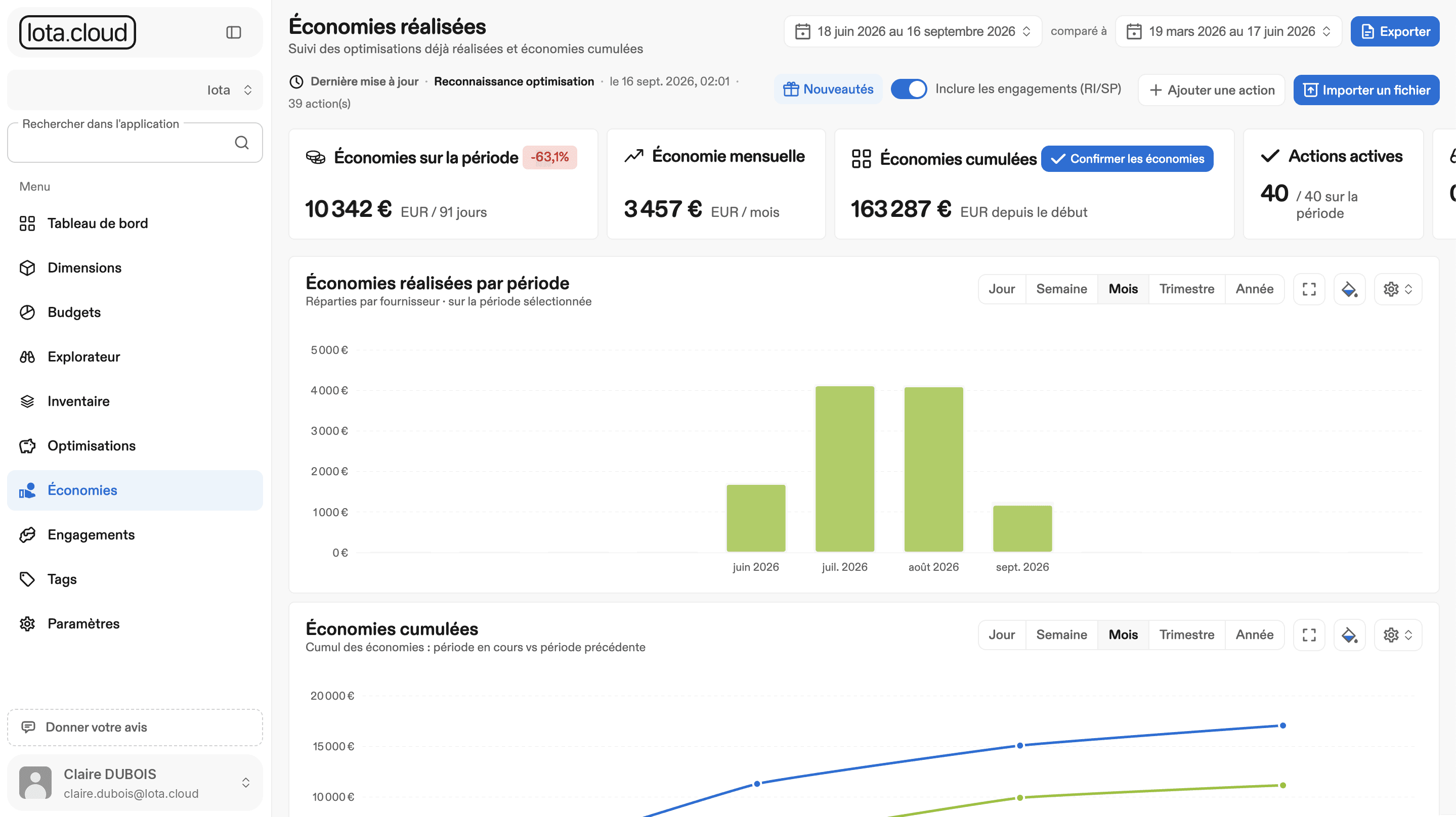 Lota.cloud — recommandations d'économies chiffrées en euros