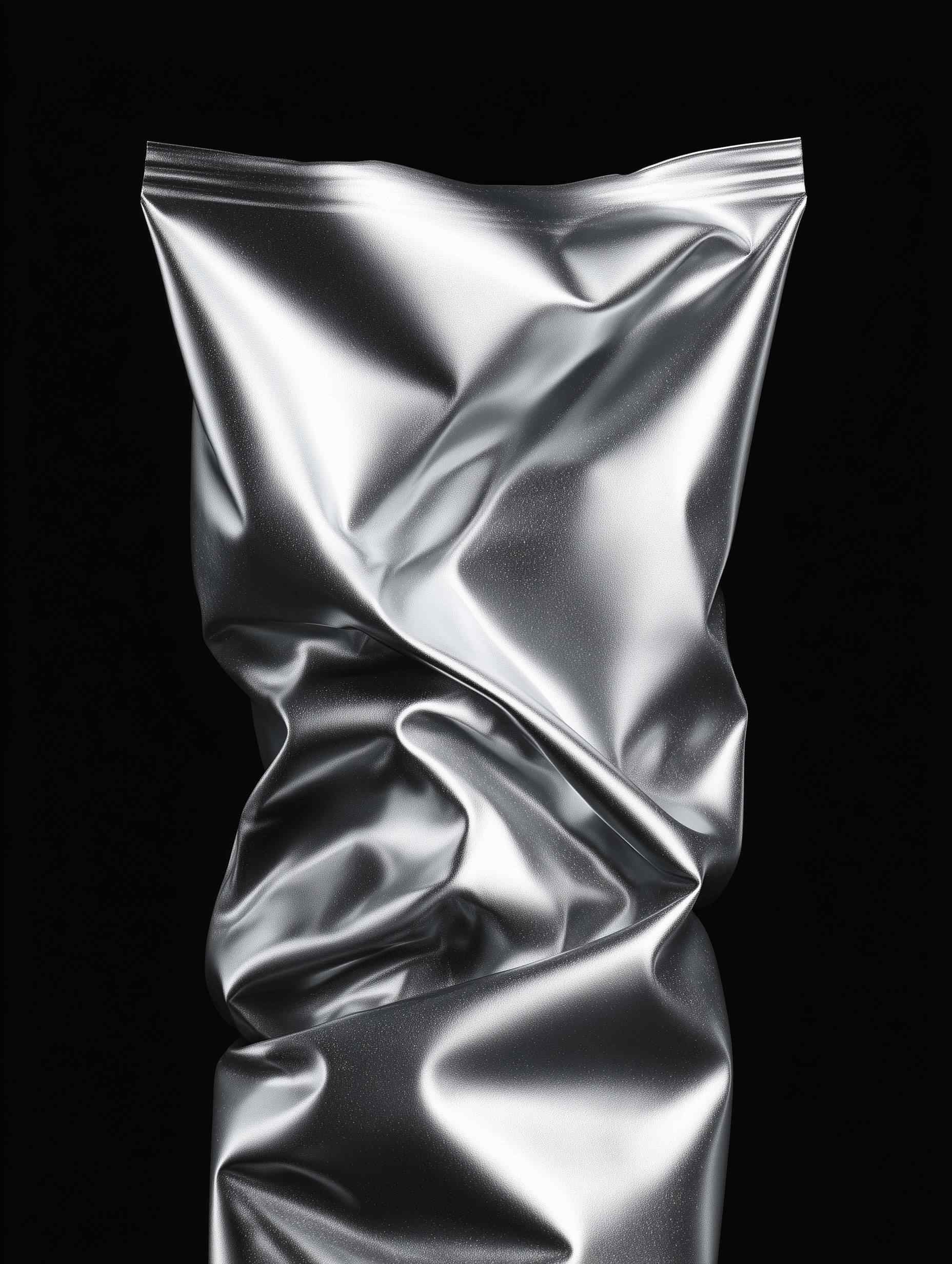 Silver metallic foil packet with crumpled texture on black