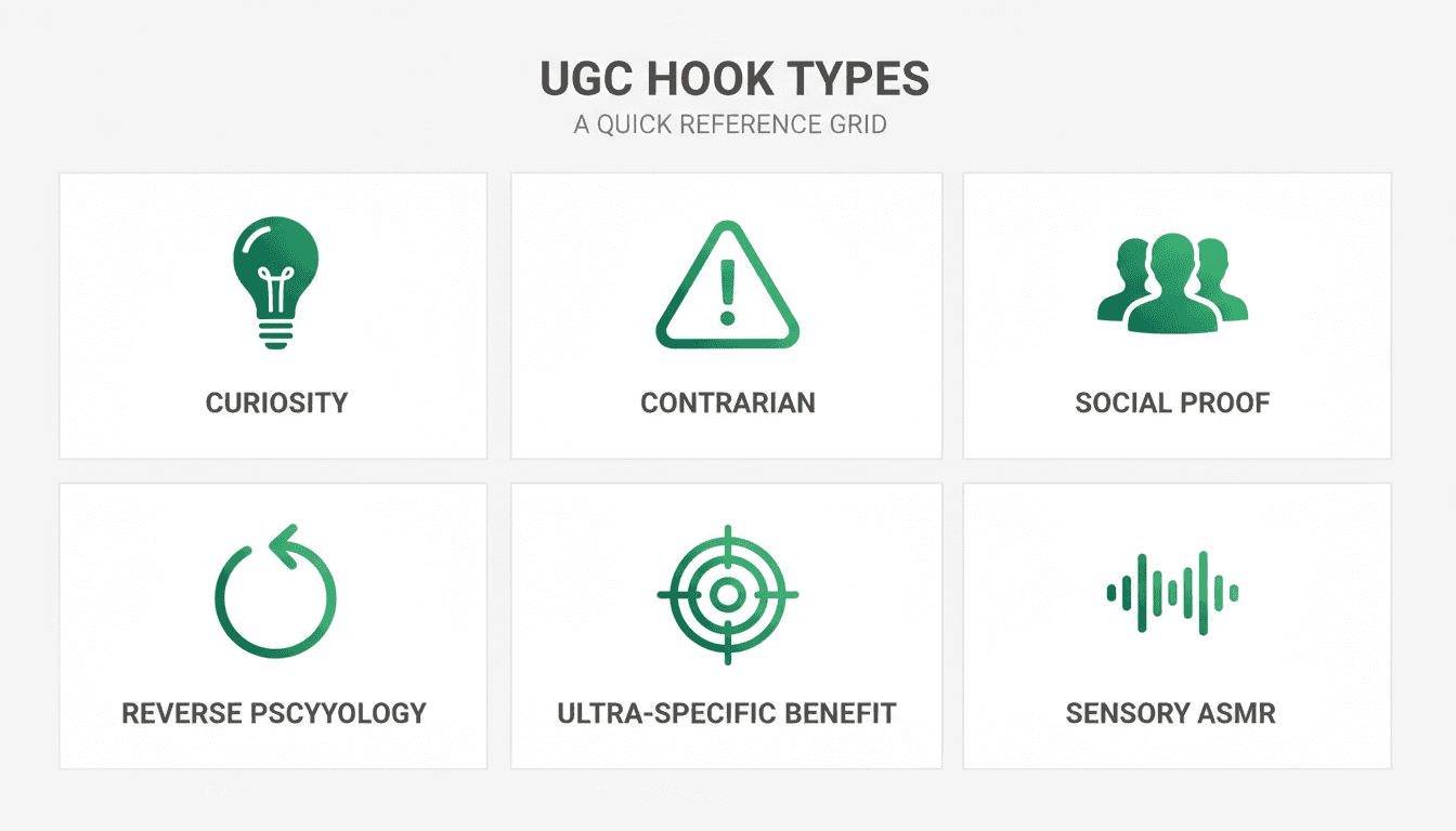 Infographic showing six UGC hook types: Curiosity, Contrarian, Social Proof, Reverse Psychology, Ultra-Specific Benefit, and Sensory/ASMR with examples