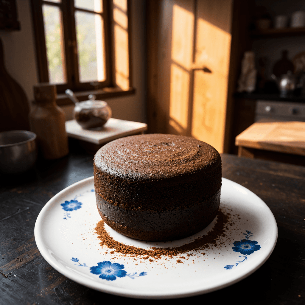 product photography of a round chocolate cake on a decorative plate