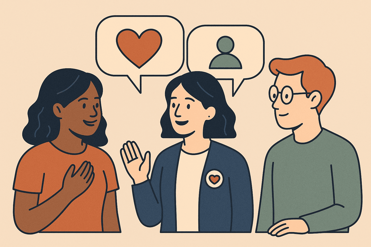 Illustration of nonprofit staff and donors connecting through shared values, symbolized by overlapping hearts and conversation bubbles.