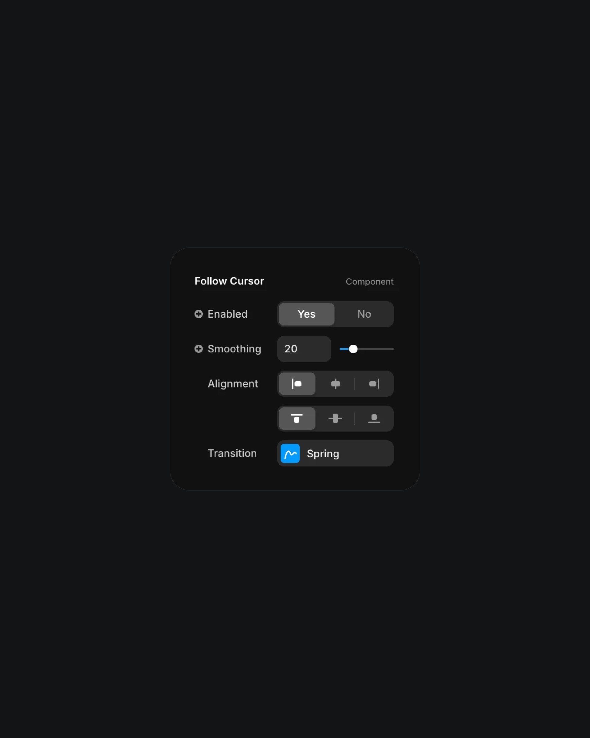 User interface settings for 'Follow Cursor' with options for enabling, smoothing, alignment, and transition type