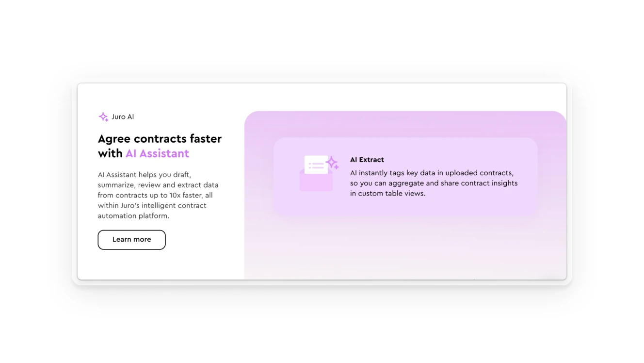Juro AI, showcasing its AI assistant for faster contract drafting, summarizing, reviewing, and data extraction