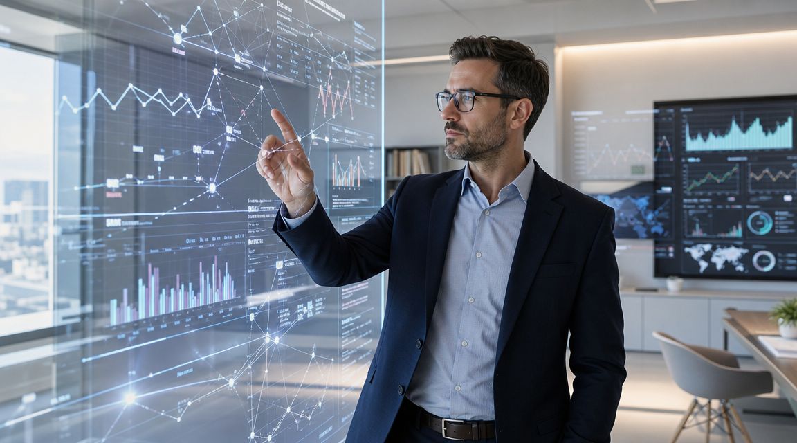 A professional man interacting with a holographic data interface display in a modern corporate office setting.