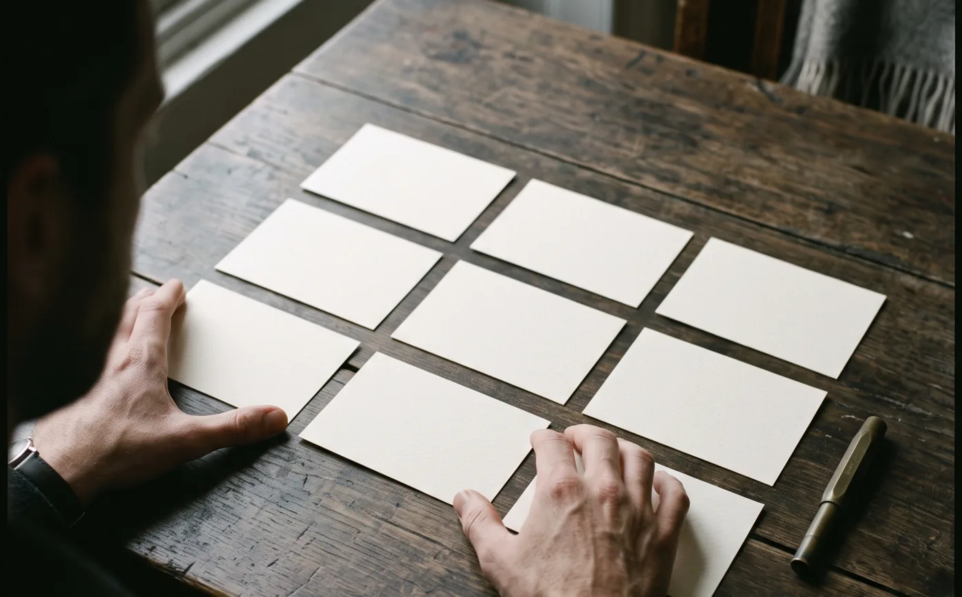 Hands laying out six blank cards in a grid on a dark desk