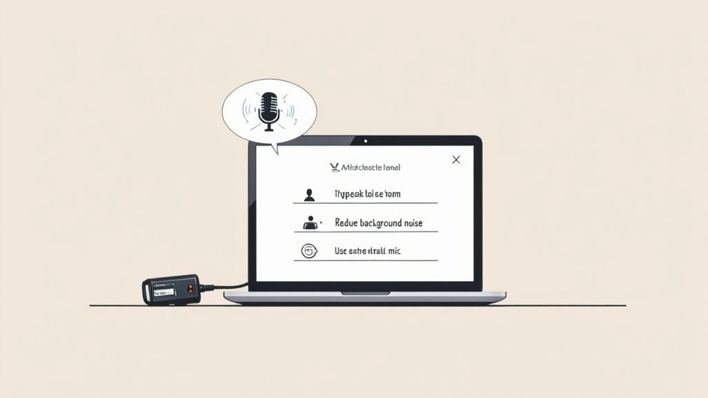 A person speaking clearly into an external microphone connected to their MacBook.