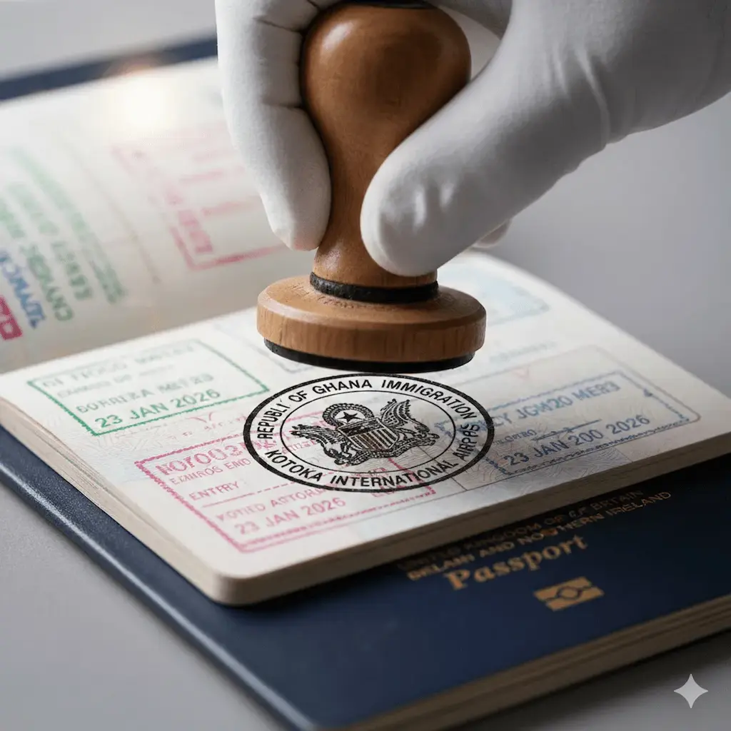 Ghana Immigration arrival stamp in a traveler’s passport at Kotoka International Airport in Accra.