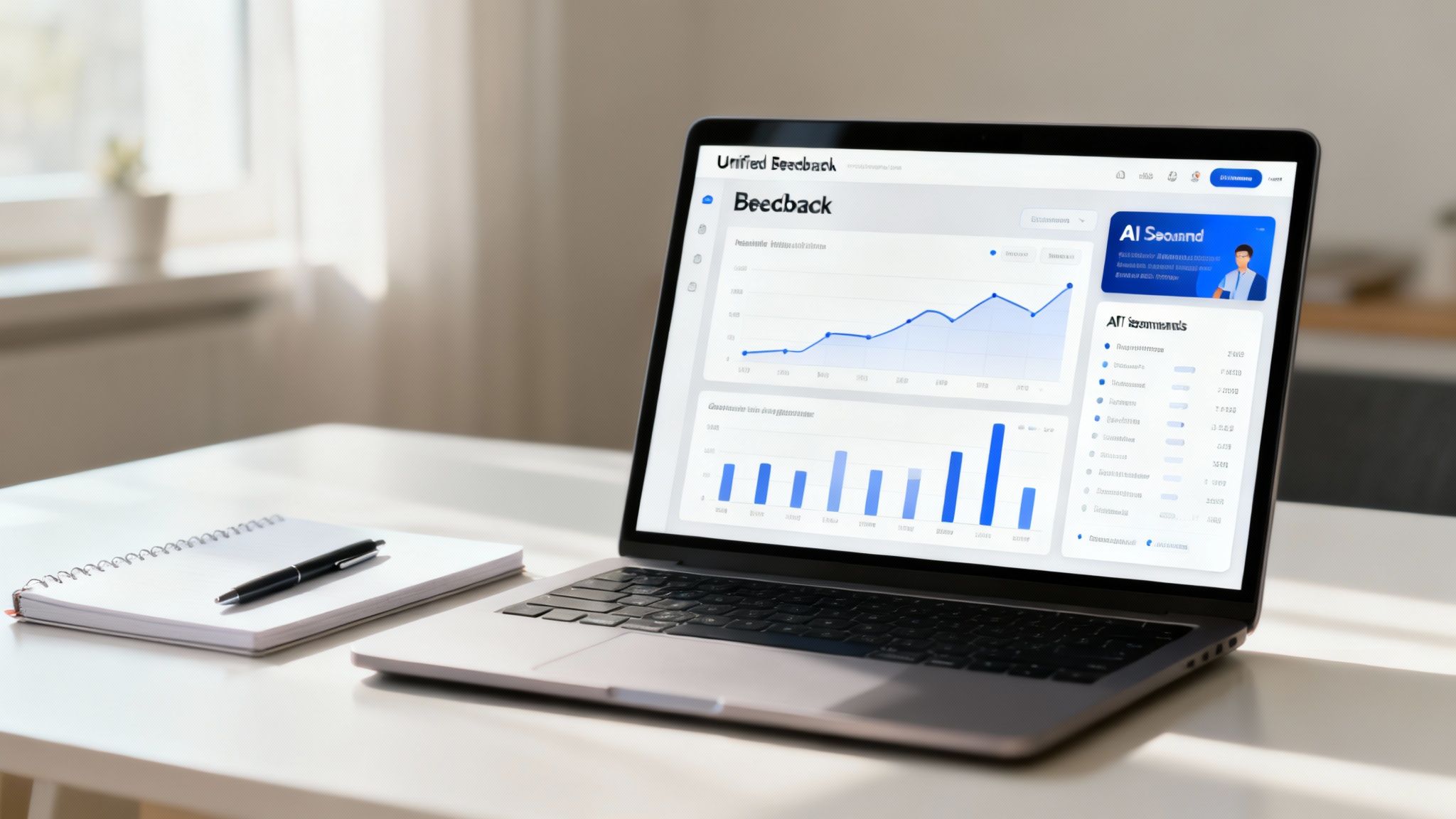Laptop displaying Beecback analytics dashboard with customer satisfaction graphs and AI-powered feedback tools