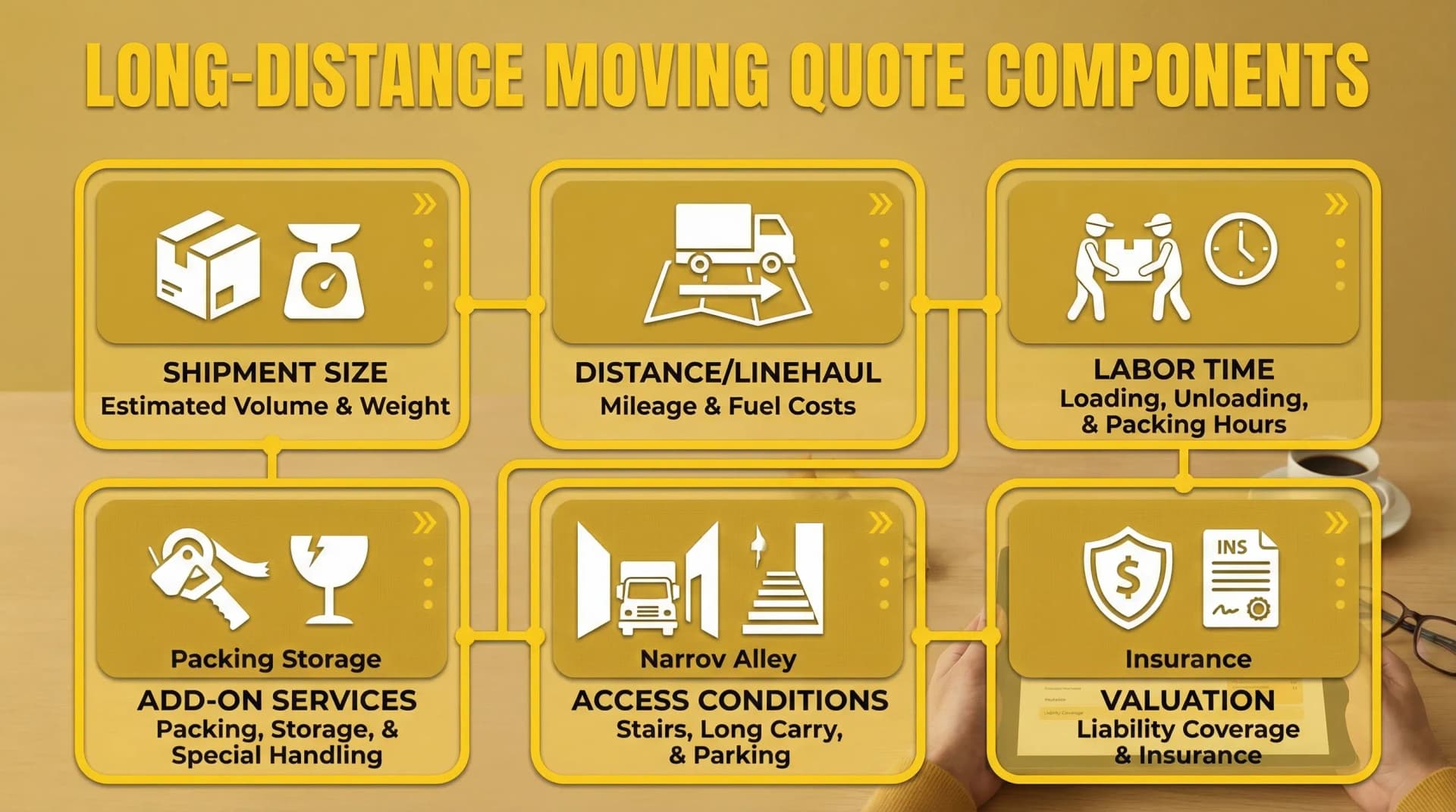 A simple visual showing the main components of a long-distance moving quote: shipment size, distance/linehaul, labor time, add-on services, access conditions, and valuation.