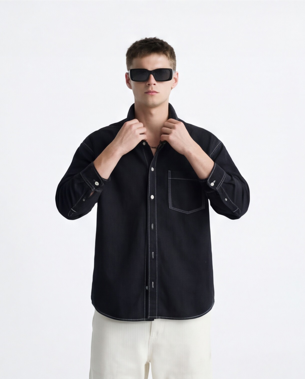 Black Overshirt with Cream Relaxed Trousers