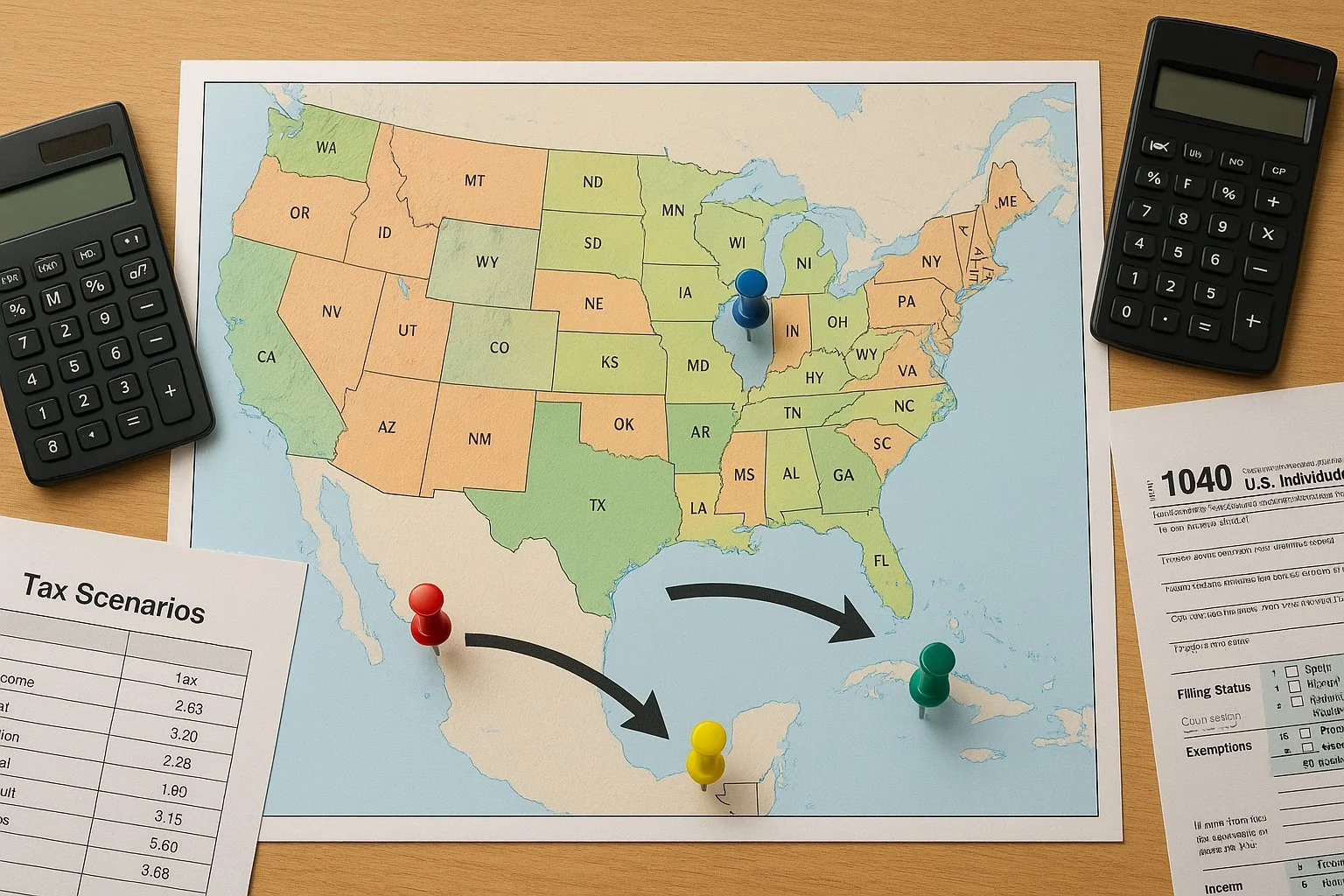 Overhead view of a desk with a U.S. map marked with colored pins, calculators, spreadsheets, and tax forms, showing modeled tax scenarios with arrows.