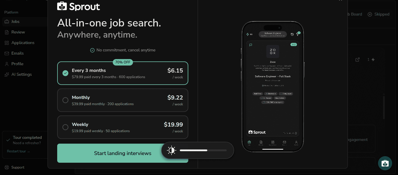 Sprout upgrade prompt blocking Quick Apply, showing quarterly, monthly and weekly plans