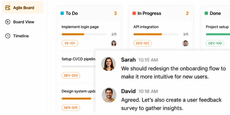 Agile task management board with To Do, In Progress, and Done columns, showing tasks linked directly to team conversations for seamless collaboration.