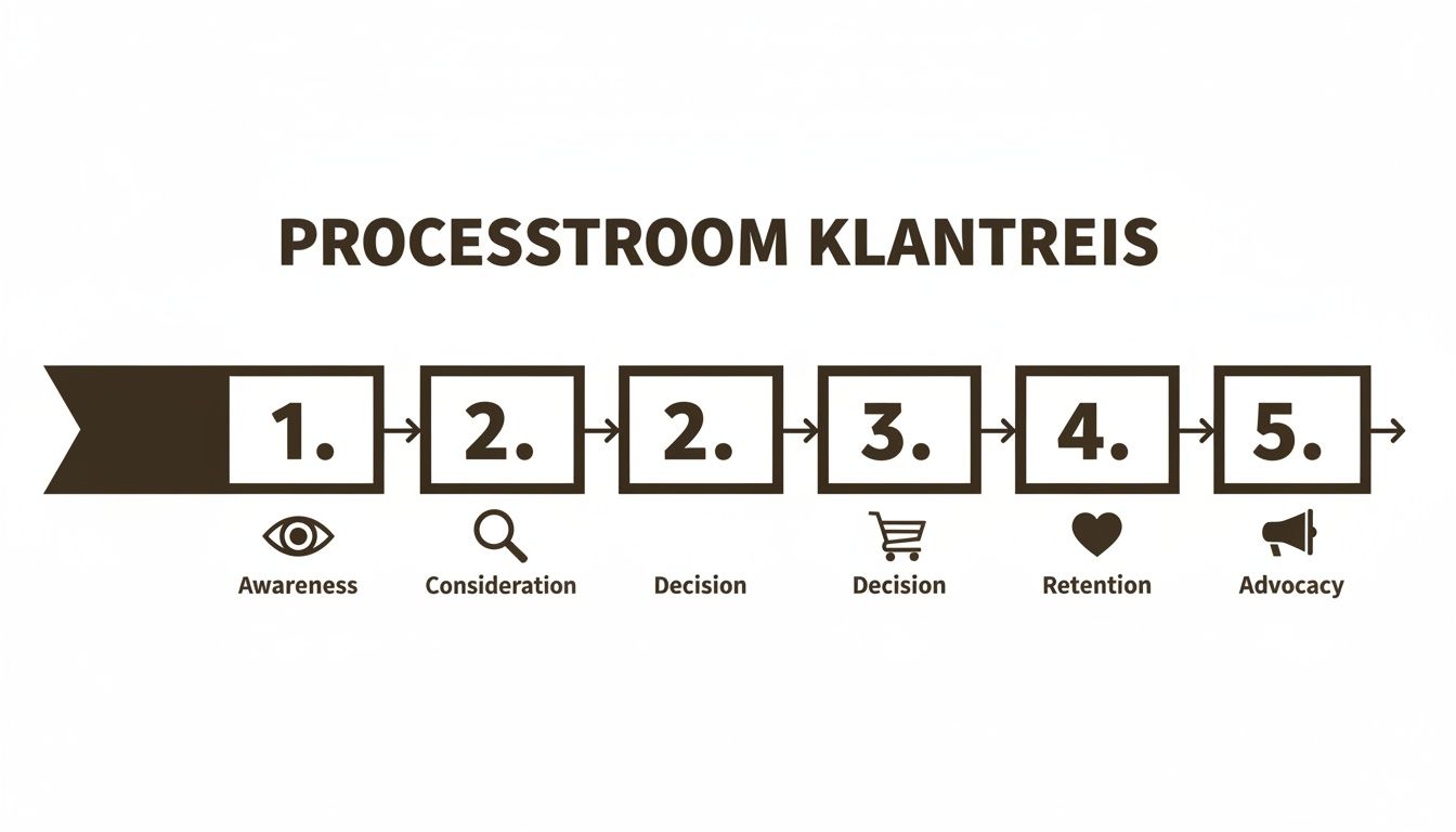 Een schema toont de klantreis in vijf fasen: bewustzijn, overweging, beslissing, retentie en belangenbehartiging.