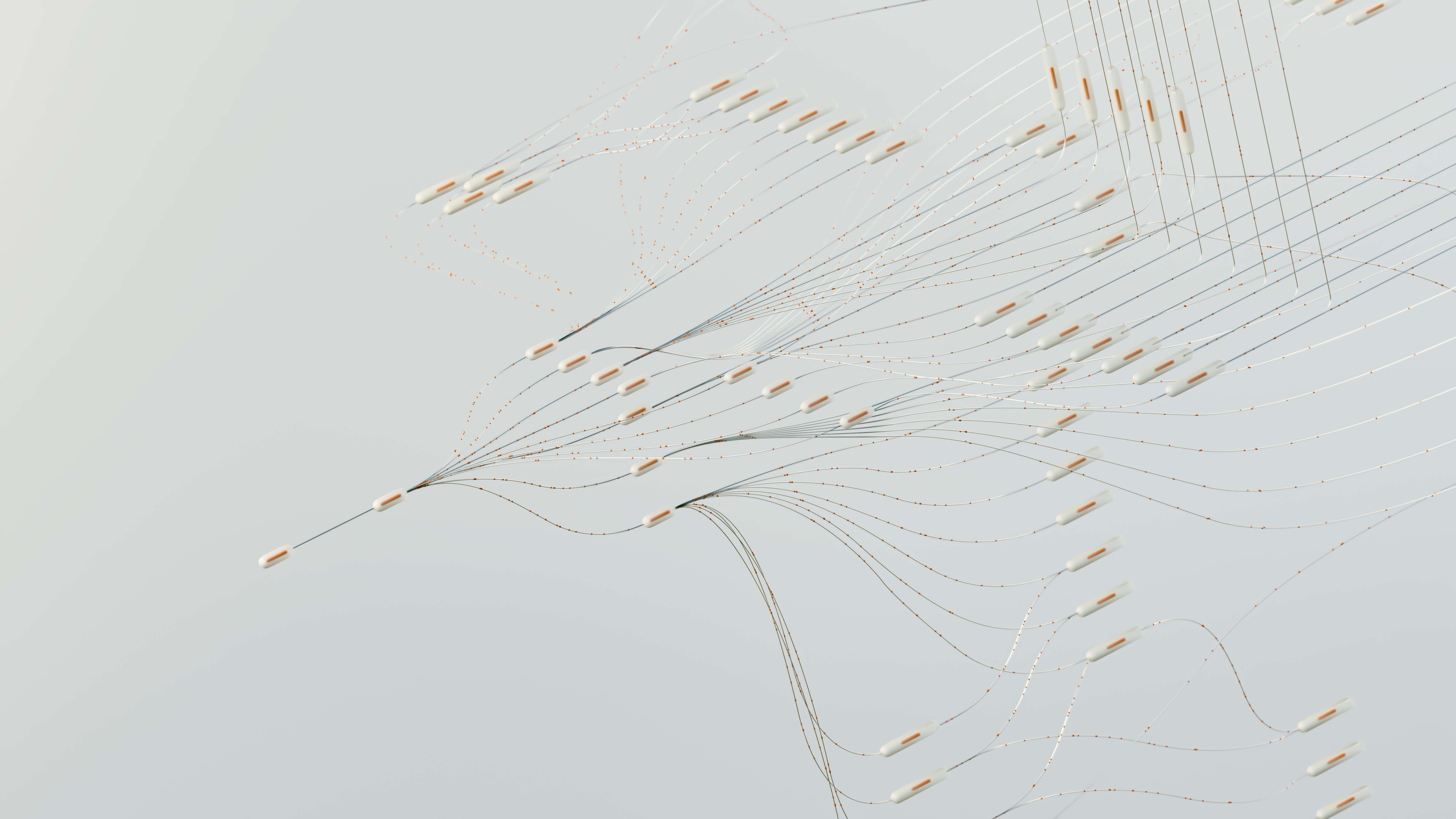 Abstrakte 3D-Darstellung feiner, geschwungener Linien, die sich verzweigen und durch kleine, längliche Objekte verbunden sind. Die Komposition wirkt technisch und organisch zugleich auf hellem Hintergrund.
