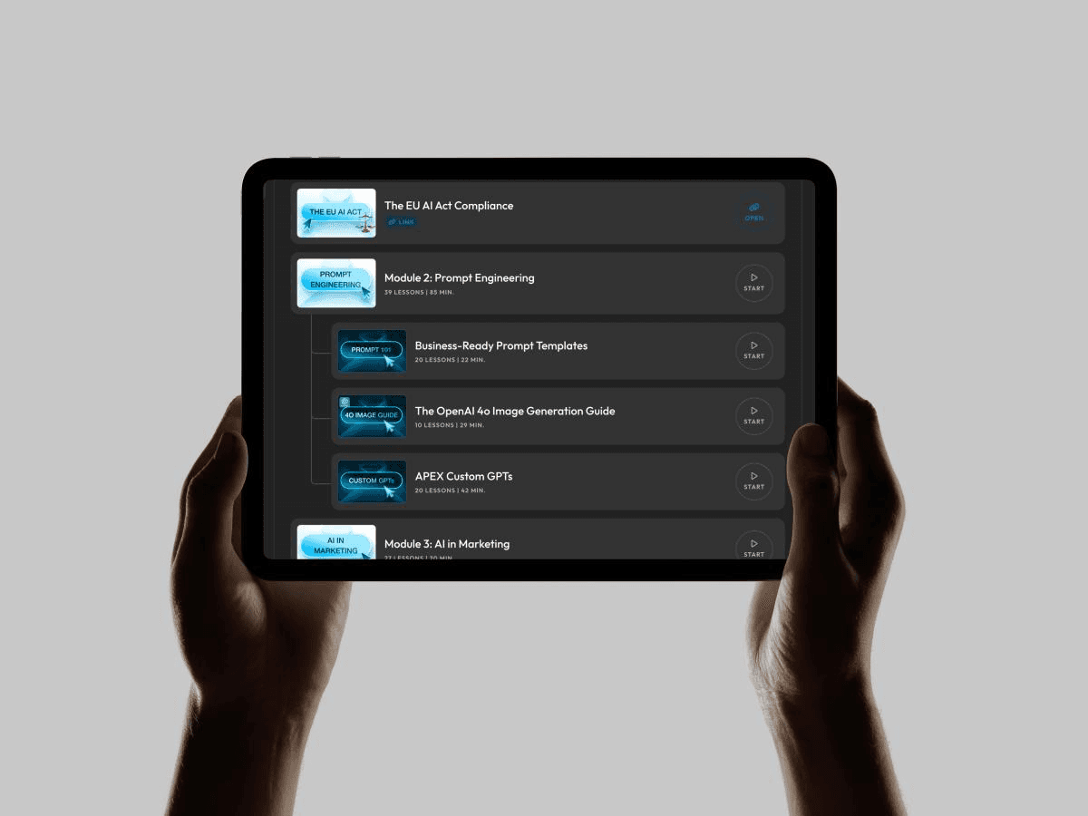 Insight into the APEX Learning Suite: AI training modules for marketing, automation, and business transformation.