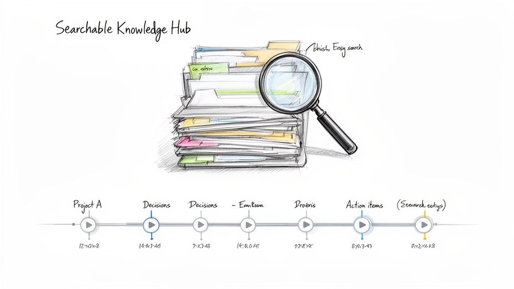 A sketch illustrating a searchable knowledge hub with files, a magnifying glass, and a timeline of project stages and decisions.