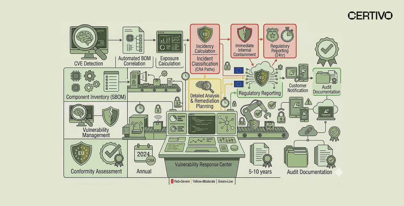 Automated EU Cyber Resilience Act vulnerability management workflow showing incident response timeline requirements