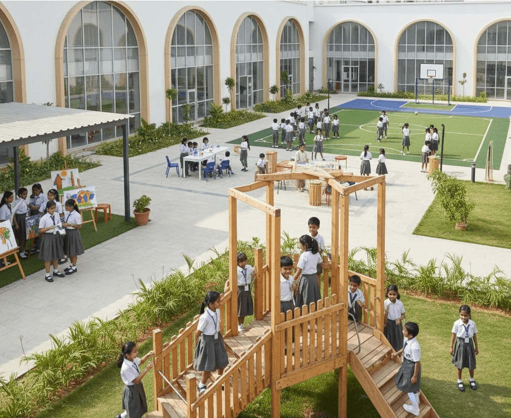 A school building stands against the backdrop of a clear sky