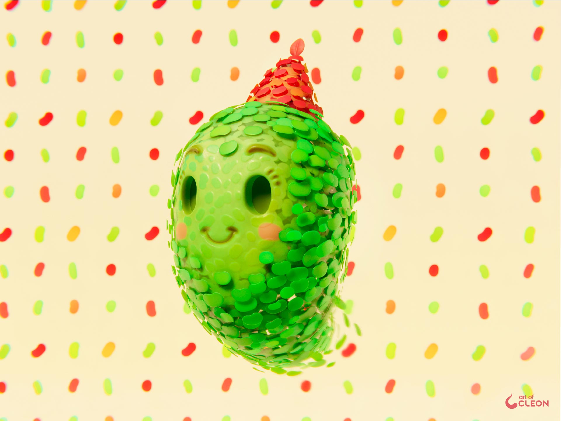 Three-quarter view of the 3D Spirit of the Forest character and its conical party hat.