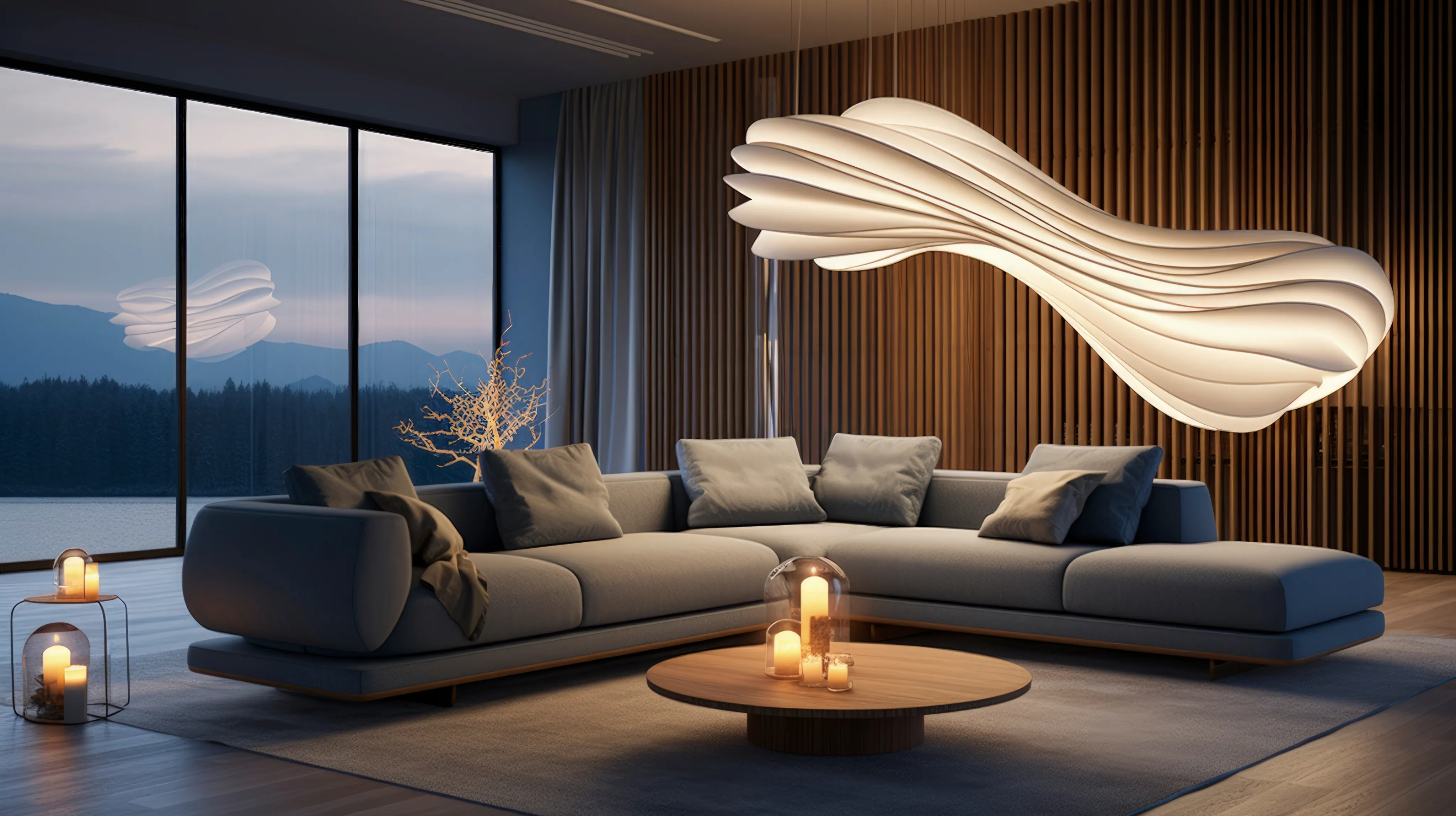 A modern living room with a large, curvy chandelier, a gray sectional sofa, wooden walls, a round wooden table, candles, and a scenic view at sunset.