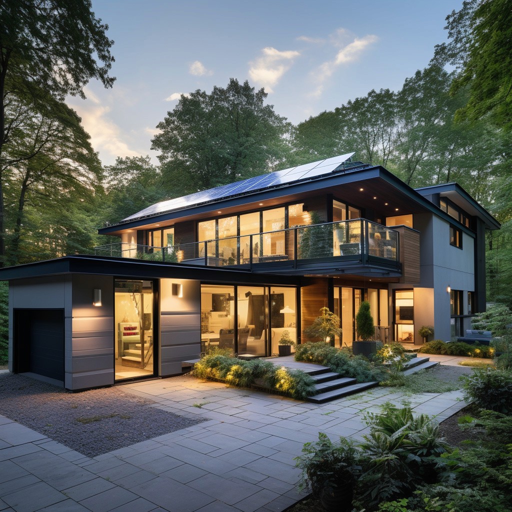 Рендер проекту екобудинку із сонячними панелями на даху