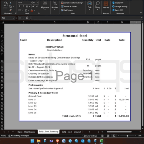 Screenshot of Microsoft Excel Workbook showing structural steel takeoff estimate report using CostX software by SubsQS Ltd