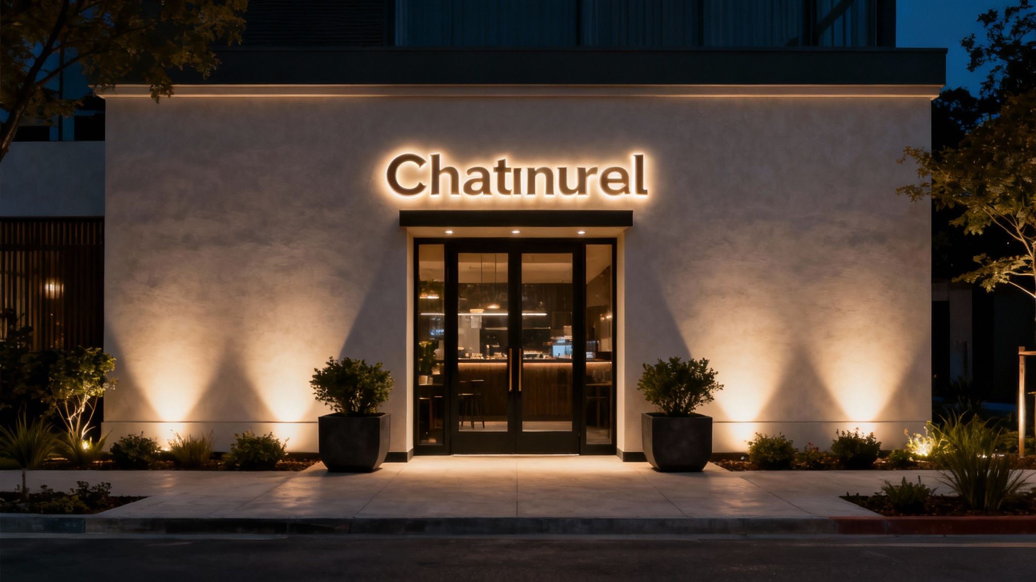 A restaurant exterior at night, with dramatic uplighting and glowing signage highlighting the architectural features.
