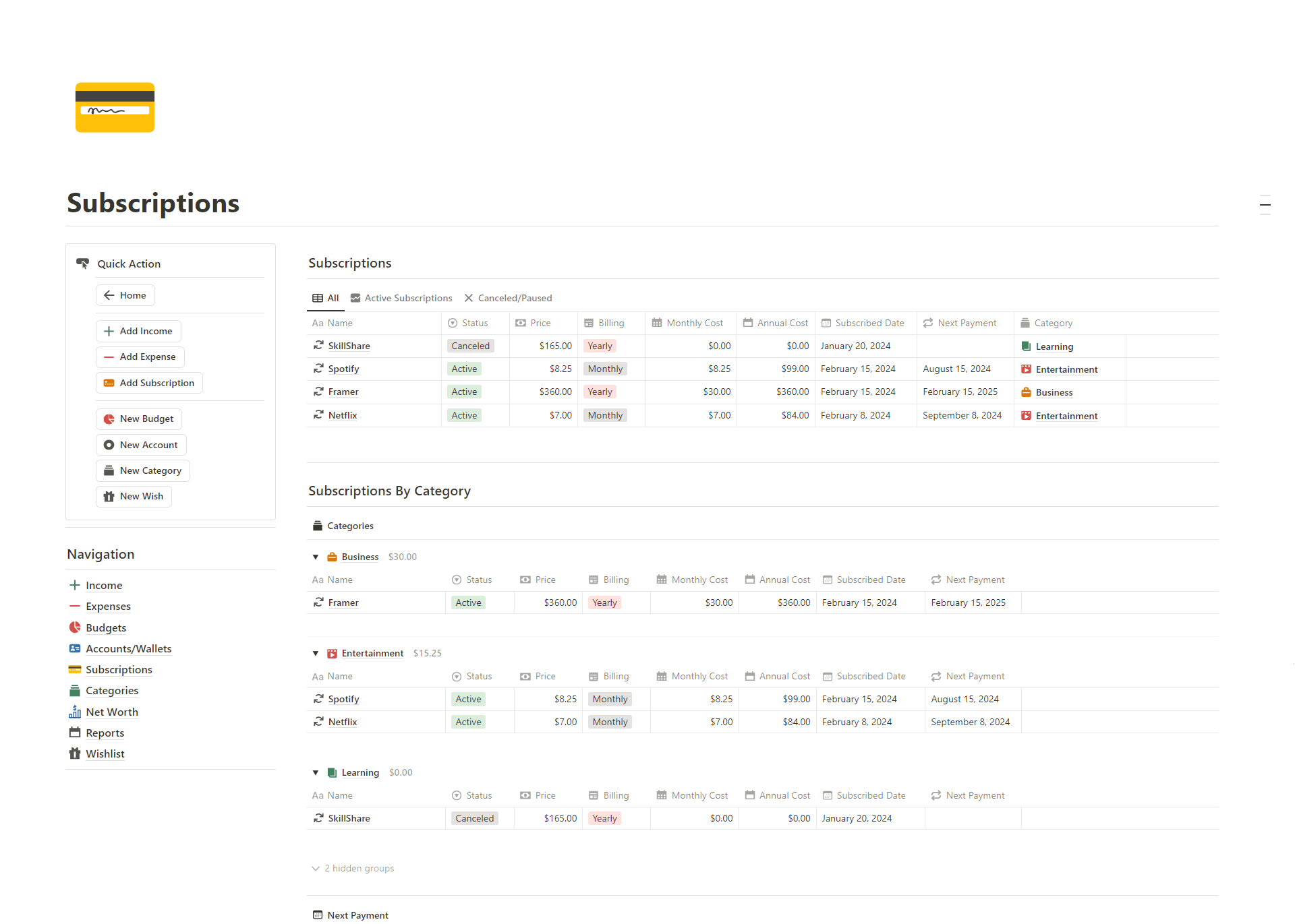 Subscription Tracker - Notion Finance Tracker OS