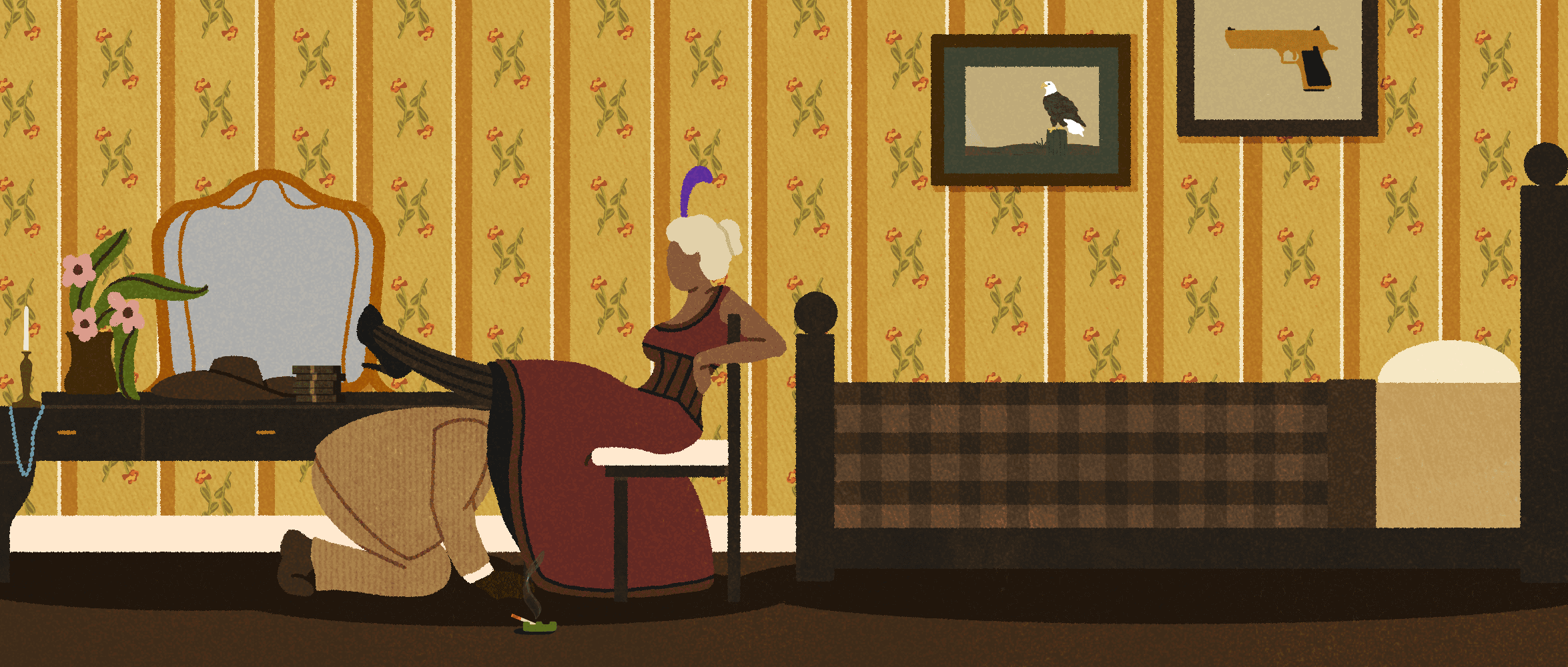 Illustration of two lovers having adult fun in an Old West brothel.