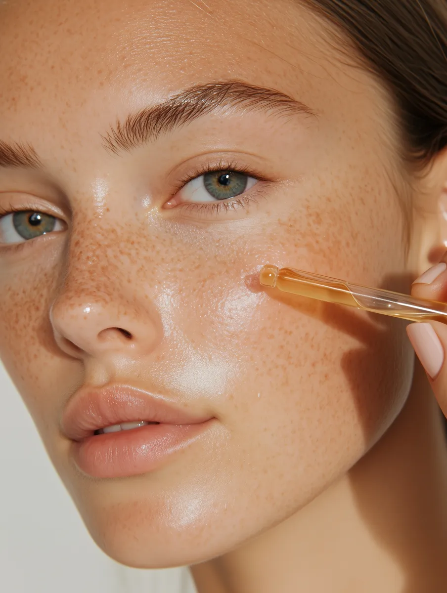 Close up of freckled skin applying facial serum with glass dropper for glowing skincare routine
