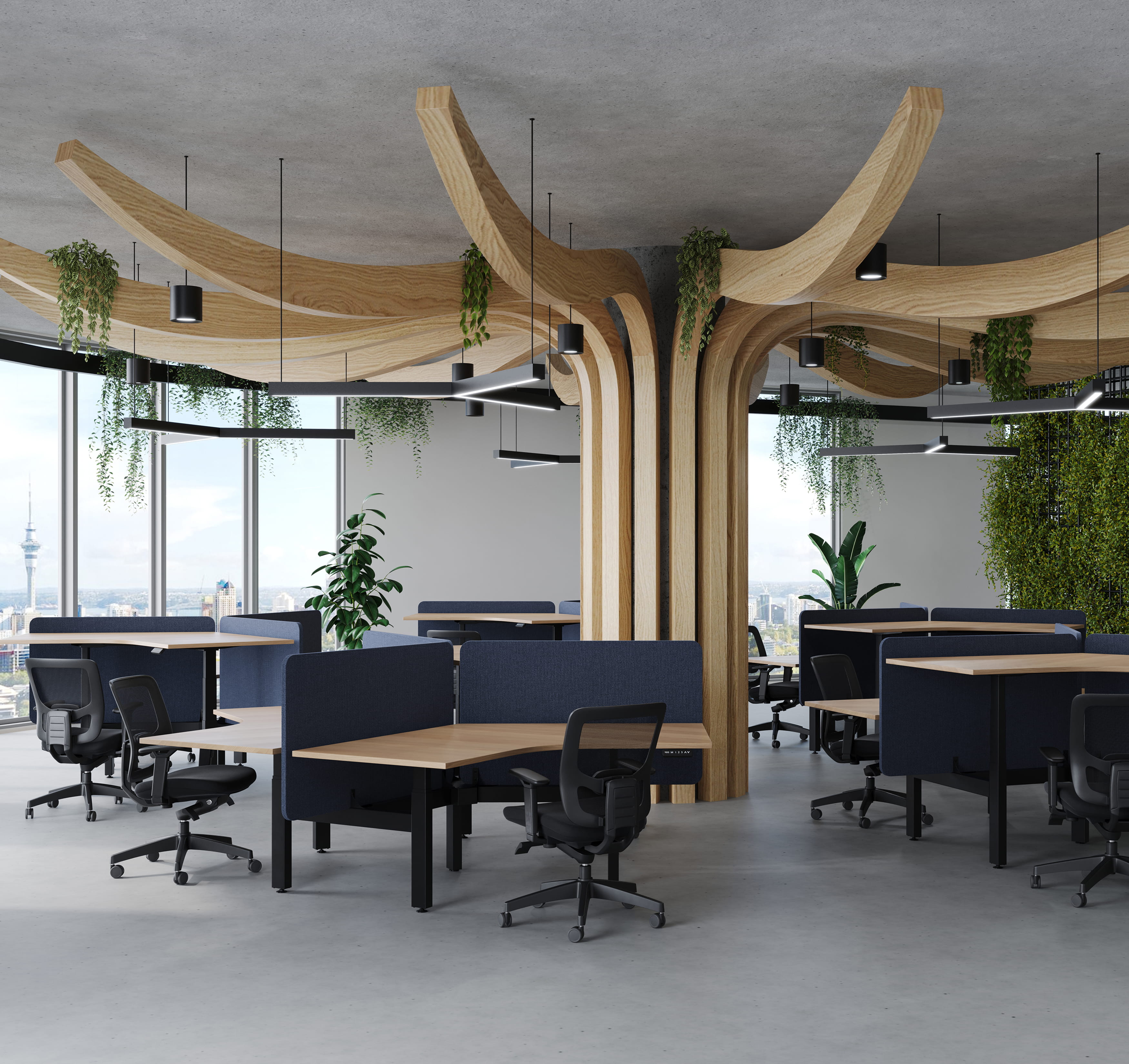 Contemporary office workspace with desks, chairs, and architectural ceiling design