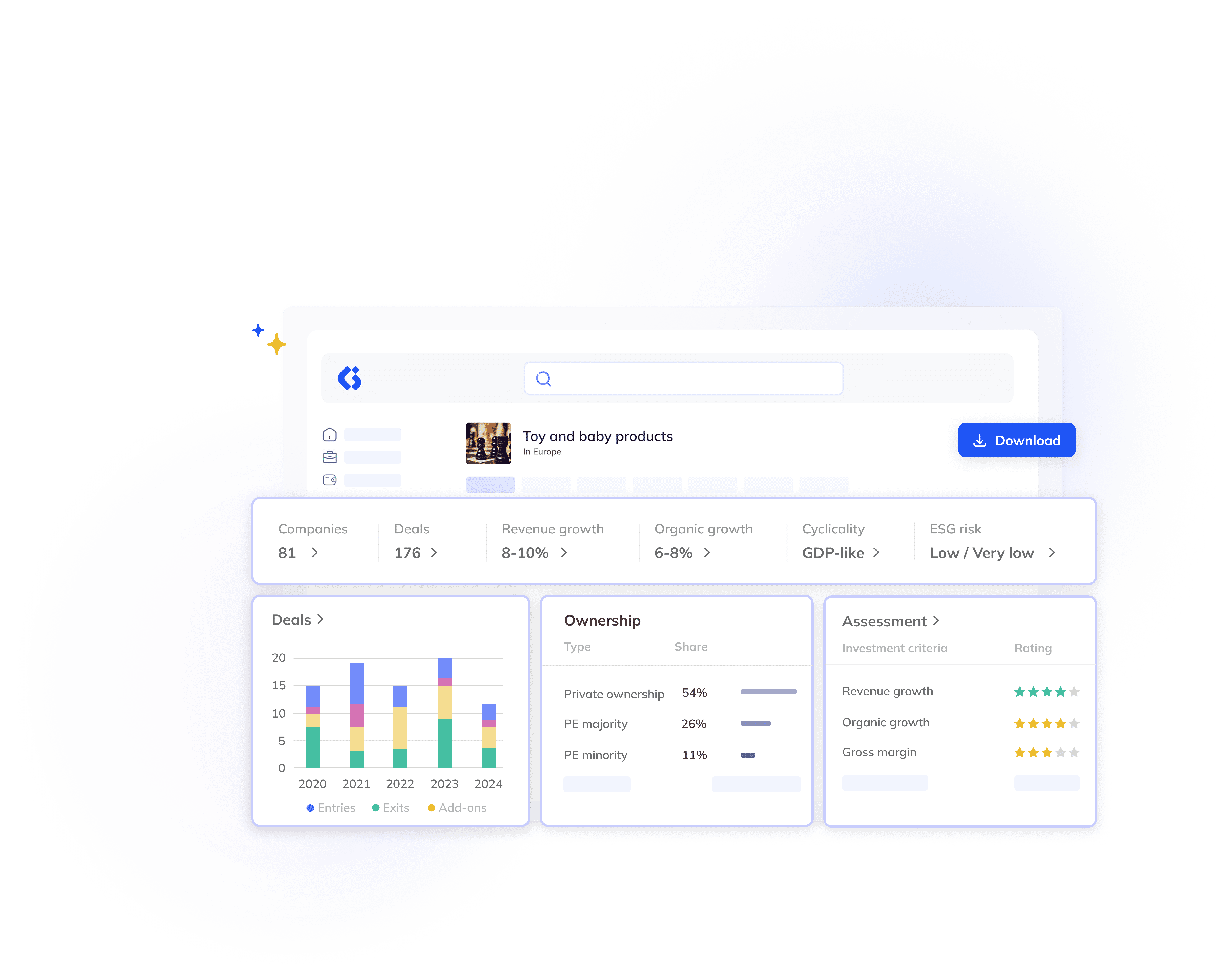 A digital dashboard displays analytics for toy and baby products, including company stats, deal data, growth rates, ownership, and assessment criteria with visual charts and ratings.