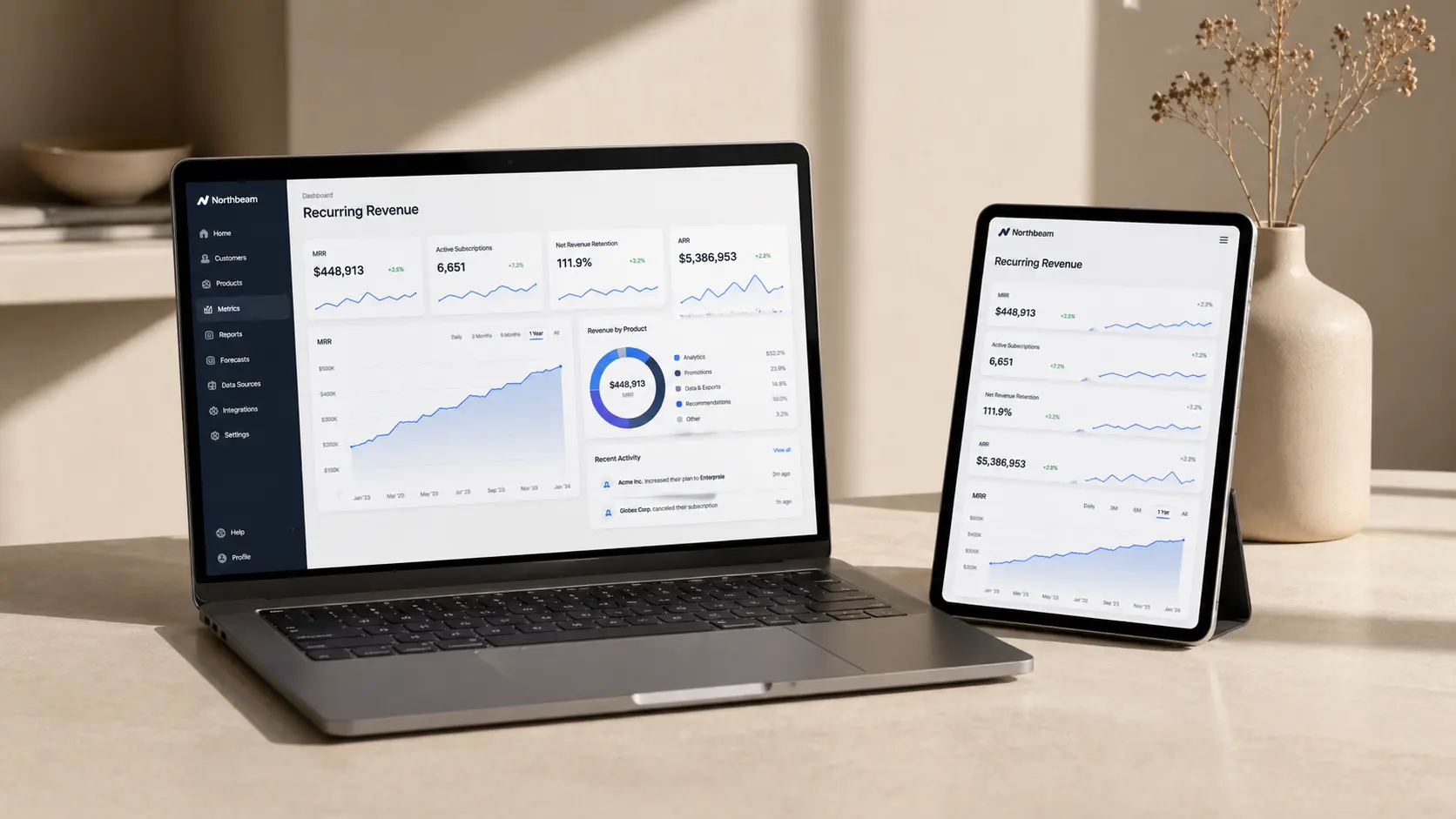 A laptop and tablet mockup showing a responsive SaaS application, highlighting cloud-based cross-device synchronization.