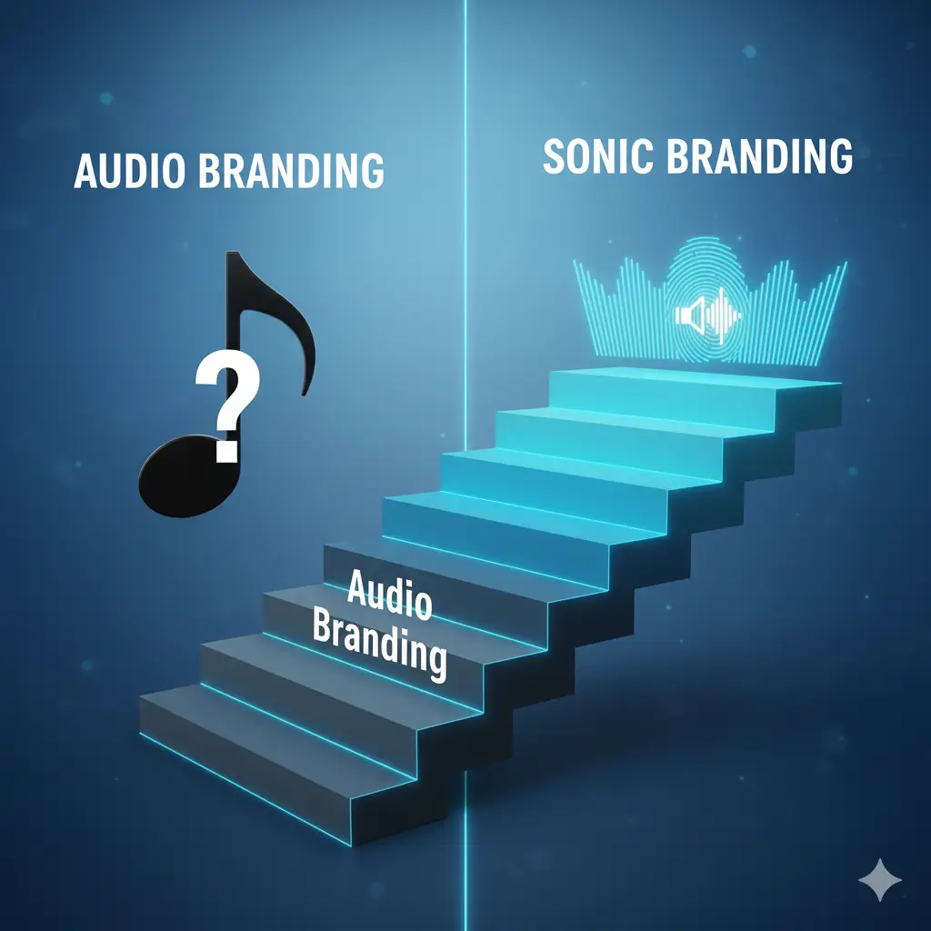 A simple staircase visual. The bottom step is labeled "Audio Branding" with a generic music icon. The top step is labeled "Sonic Branding" with a glowing, unique soundwave icon that looks like a crown, symbolizing mastery.