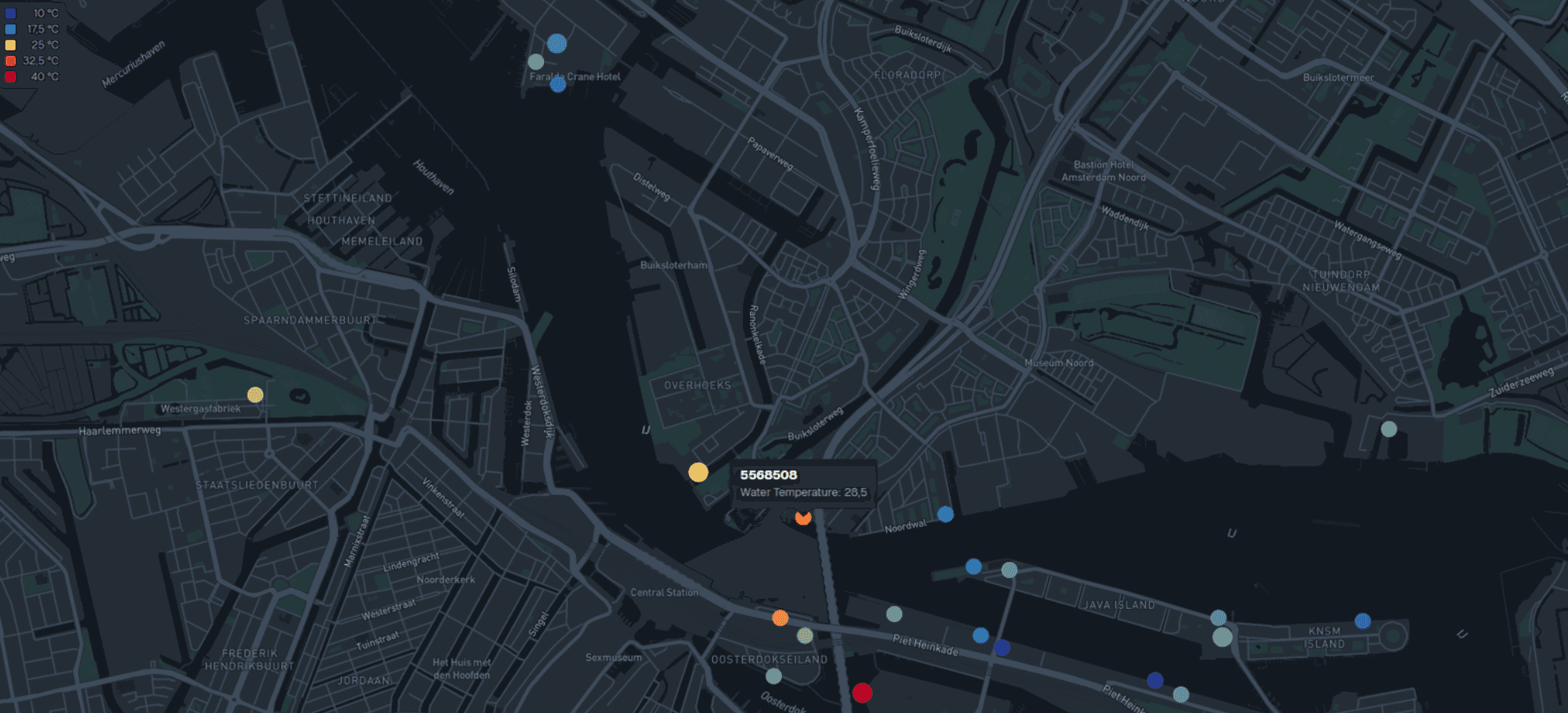 Map of sensor locations along the water during SAIL Amsterdam