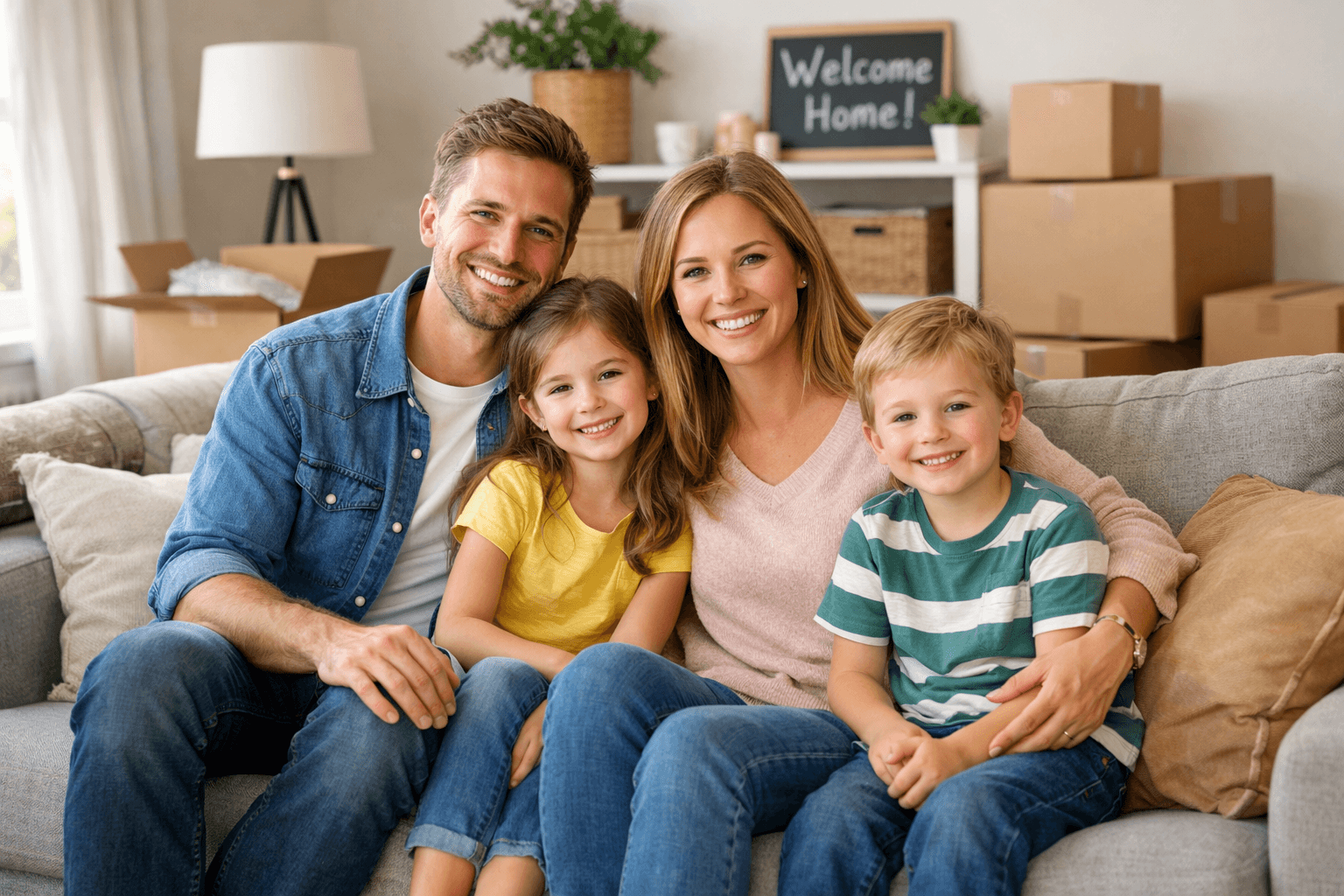 Glückliche Familie sitzt auf der Couch im neuen Eigenheim. Ein Symbolbild für erfolgreiche Baufinanzierung und den Einzug ins eigene Haus nach genehmigtem Immobilienkredit.