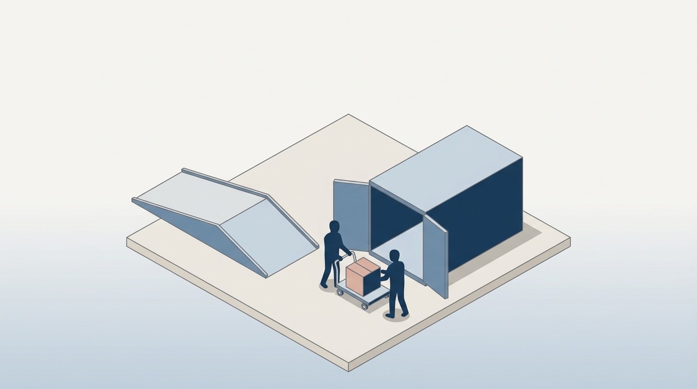 Isometrische Illustration eines Übergabeplatzes: eine breite Rampe endet weit vor dem offenen Container, zwei Silhouetten schieben eine Kiste.
