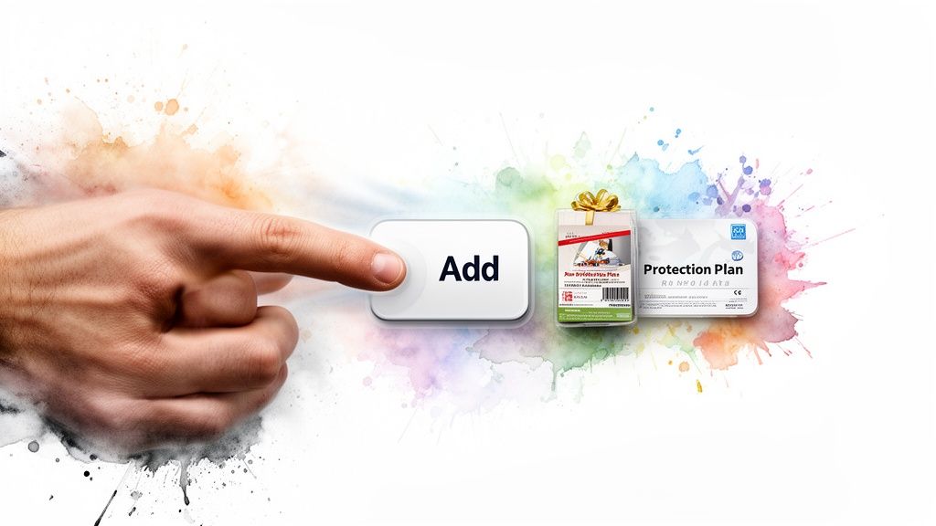 A human hand presses an 'Add' button next to two packages, one for a Protection Plan.