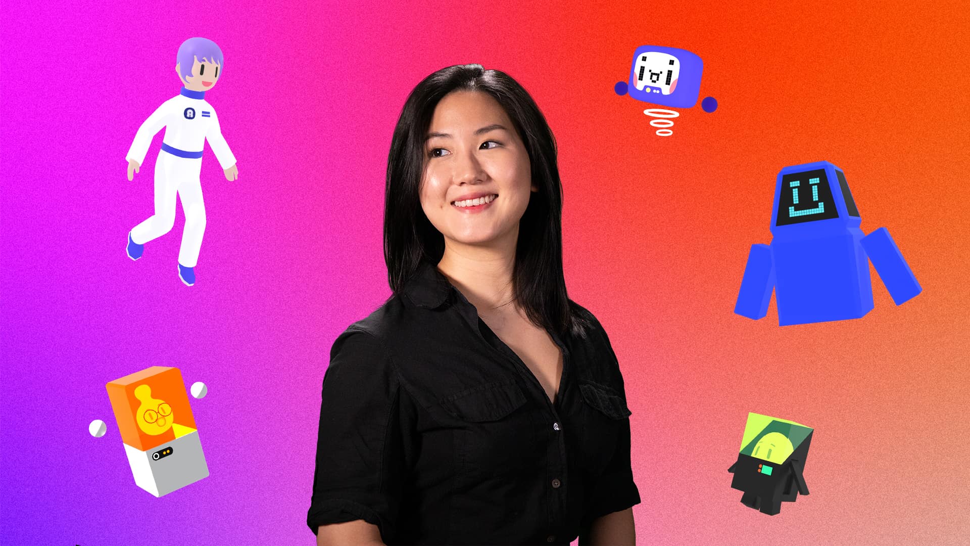 A woman with long dark hair wears a black shirt. She is positioned against a gradient background transitioning from purple to orange-red. Several cartoon-style icons are scattered around her: a white figure with blue accents, a blue robot with a smiling face, a yellow robot with a smiling face, a small orange robot with a smiling face, and a small green robot with a smiling face.