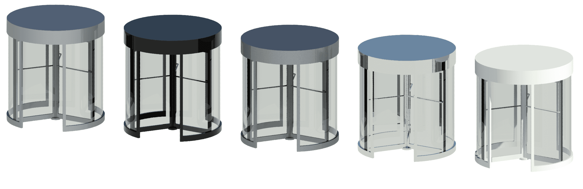  Five standard material finishes - aluminum, black, brushed stainless steel, mirrored stainless steel and white.