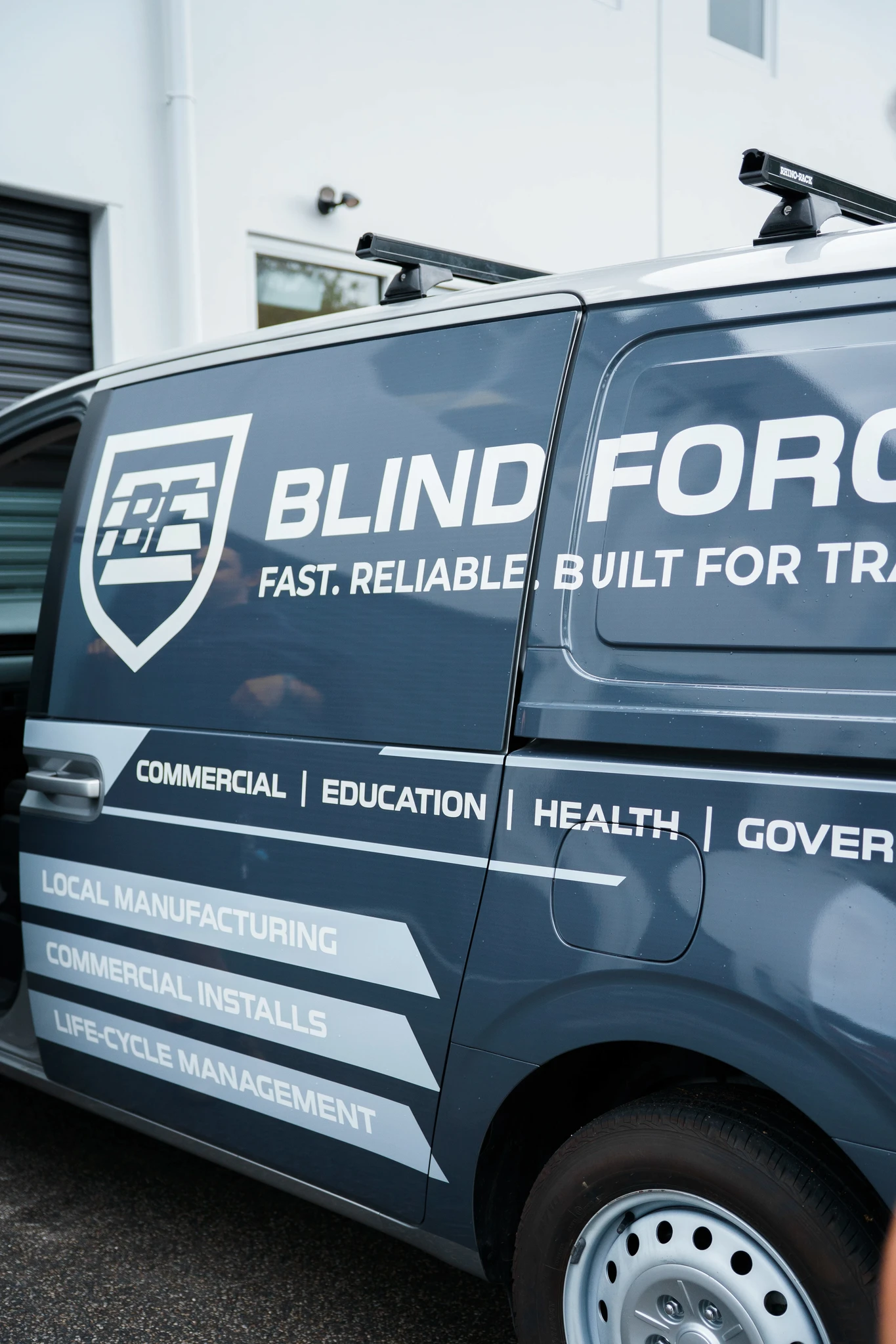 Commercial service van used for blind installation and maintenance